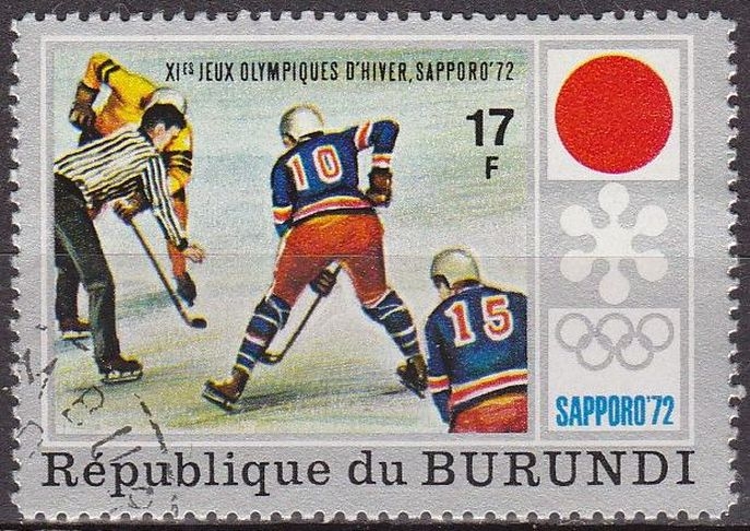 Burundi 1972 Scott 389 Sello * Juegos Olimpicos Sapporo Japon Hockey sobre Hielo 17F Matasello de favor Preobliterado 